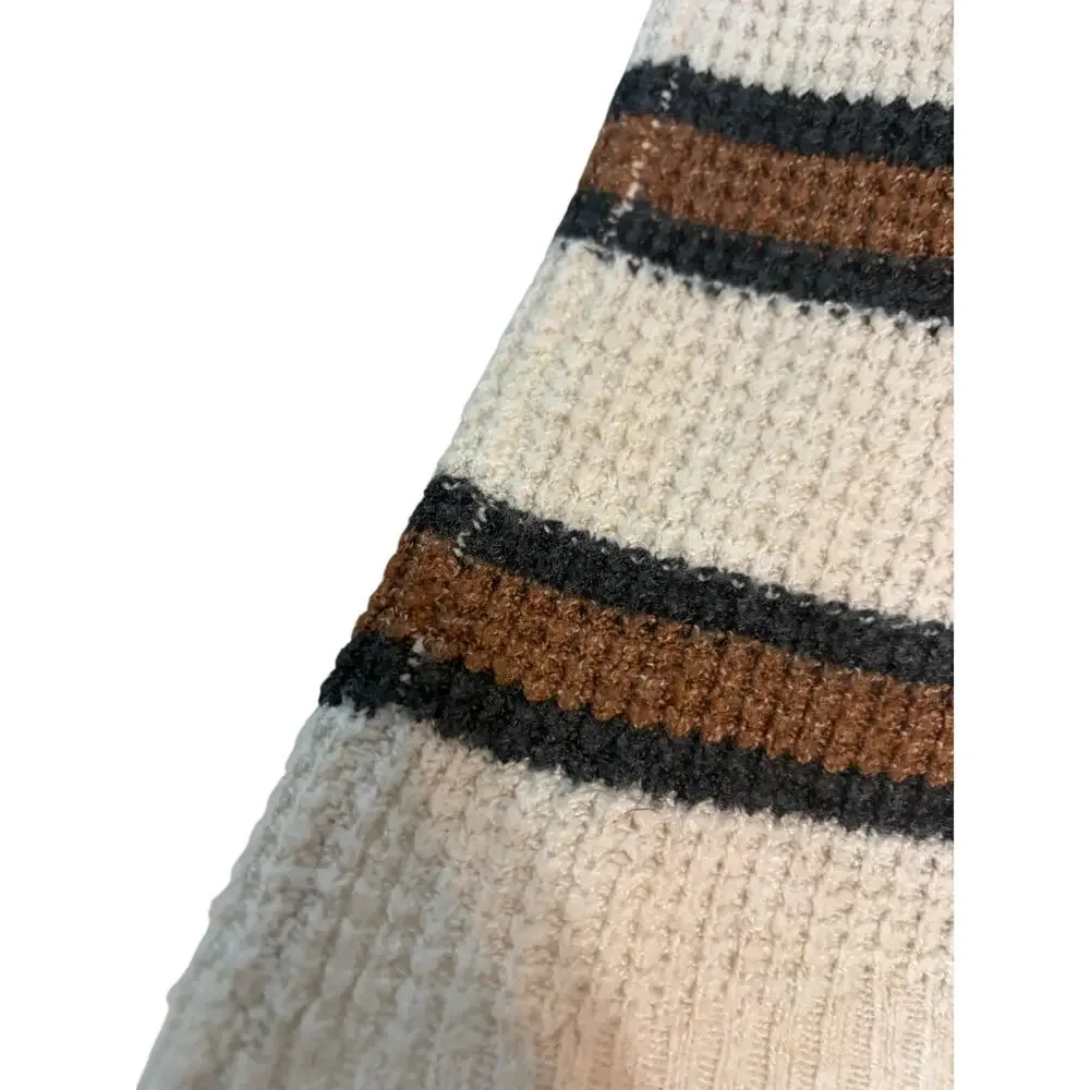 American Eagle Waffle Knit Sweater XS Cream Brown Stripe Oversized Cozy Pullover